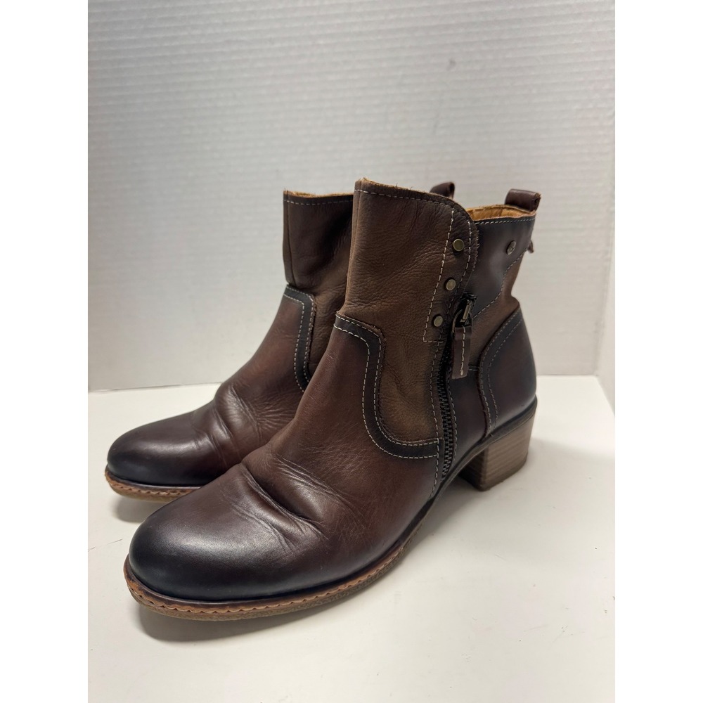 Pikolinos Brown Leather Two Tone Ankle Boots Block Heel Side Zip Size 39 8.5